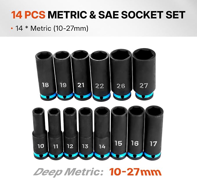 BLACK CANYON 14-Piece 1/2" Drive Deep Impact Socket Set, Metric 6-Point Sockets, Cr-Mo Impact Grade Steel, Heavy-Duty Storage Case for Automotive, Truck & Equipment Repair
