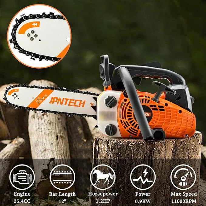 Gas Chainsaw 12 Inch Top Handle Chainsaw 25.4CC 2-Cycle Handheld Cordless Petrol Portable Gas Powered Chain Saw for Tree Wood Cutting