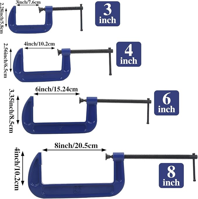 WILLBOND 4 Pcs C Clamps Set 3'' 4'' 6'' 8'' Small Steel Versatile Heavy Duty Welding Clamps Set Opening Sliding T Bar Handle for DIY Carpentry Caliper Woodworking Welding Building (Navy Blue)