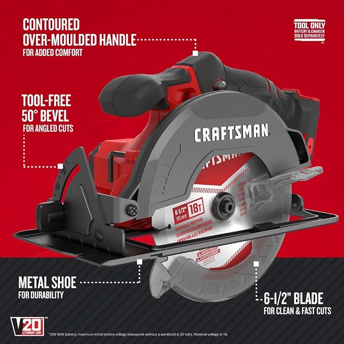 Craftsman CMCS500BR 20V Variable Speed Lithium-Ion 6-1/2 in. Cordless Circular Saw (Tool Only) (Renewed)