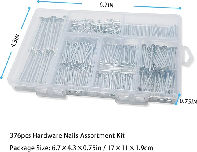 376pcs Premium Hardware Nails Assortment Kit, Maximum Length 2 Inches Galvanized, Picture Hanging, Wood, Wall with Storage Box | 6 Sizes