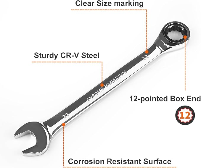 Egofine 22mm Ratcheting Combination Wrench Metric, Industrial Grade Gear Spanner with 12-Point Design, 72-Tooth Ratchet, Chrome Vanadium Steel