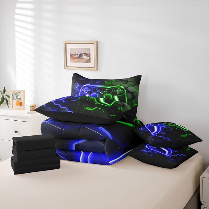 Erosebridal Gamer 7 Piece Comforter Set Full Bed in a Bag, Neon Honeycomb Gaming Bedding Sets Video Game Console Comforter and Sheet Set, Blue Green Hexagon Lights Room Decor,Kids Room Decor