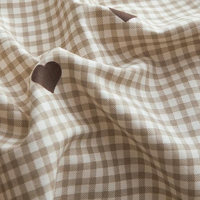 Sedefen Gingham Duvet Cover Set Queen Size, 3 Pieces Brown Plaid Bedding Set with Cute Heart Pattern, Kids Boys Girls Tan Checked Grid Soft Microfiber Duvet Cover for Bedroom Decor
