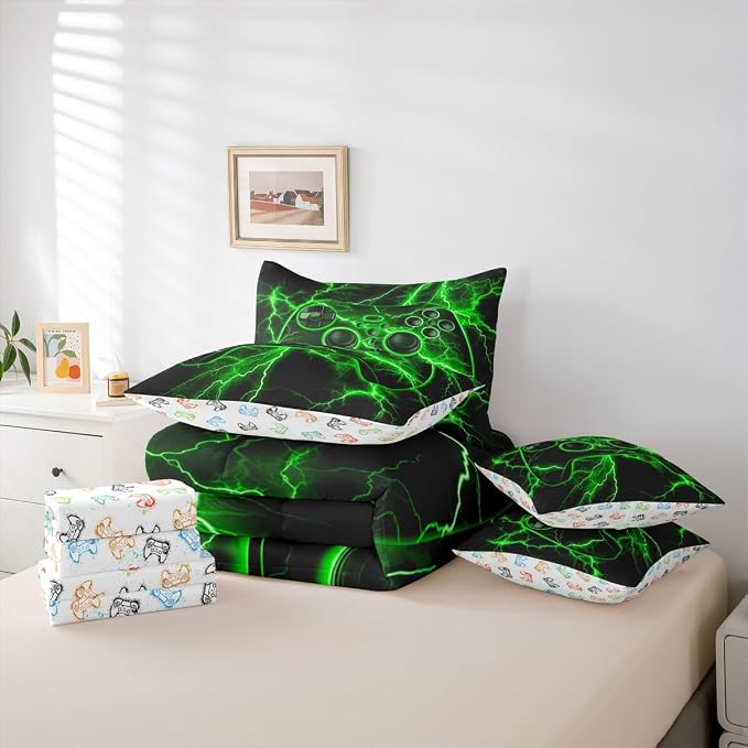 Gamer Twin Comforter Set with Sheets, Gaming 7-Piece Bedding Set Video Game Console Bed in a Bag, Green Lightning Room Decor,Boys Bedroom Decor