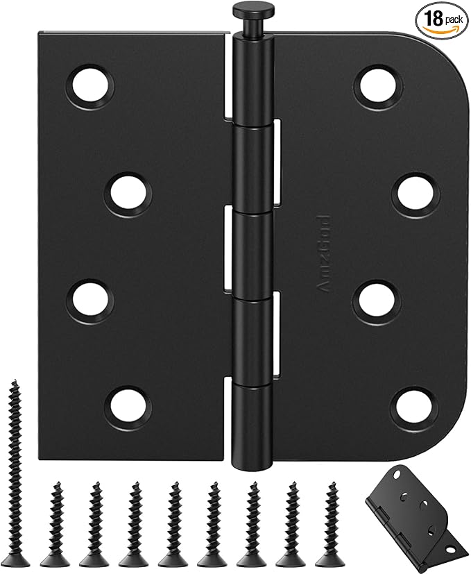 18 Pack Matte Black 4 Inch Door Hinges, Heavy Duty Residential Hinges for Front & Back Doors, Square & 5/8" Radius Corners, Quiet No Squeak, Removable Pin Exterior Hinges