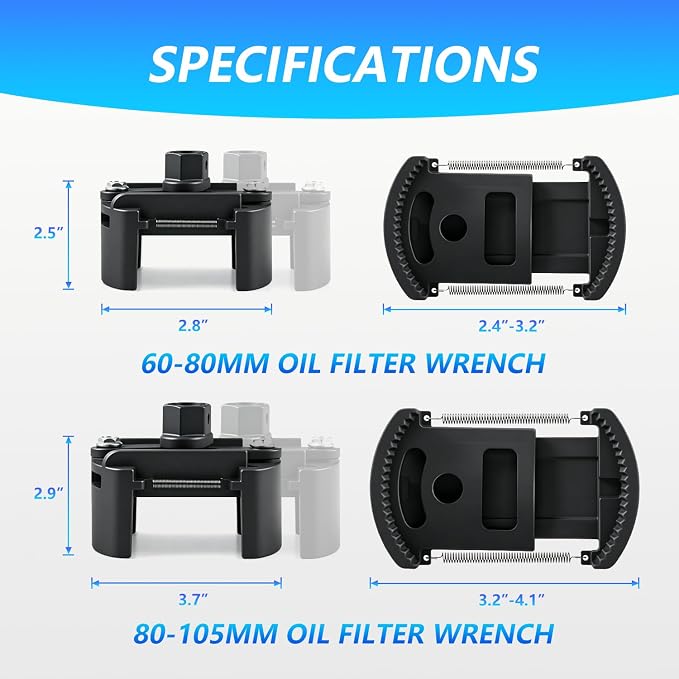 2 PCS Adjustable Oil Filter Wrench Set, 60-80 mm & 80-105 mm Universal Oil Filter Removal Tool, 1/2" & 22mm Drive Non-Slip Auto Clamp Wrench for Car Spin-On Filters