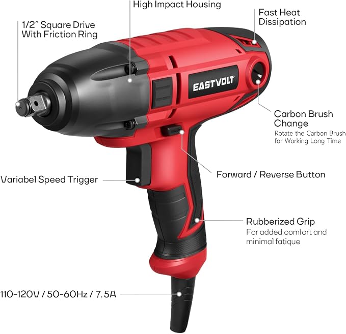 Eastvolt 800W Electric Impact Wrench, Heavy Duty 7.5 Amp Corded Max Torque 450 Ft-lbs 3400 RPM, 1/2 Inch with Hog Ring Anvil (Pack of 4)