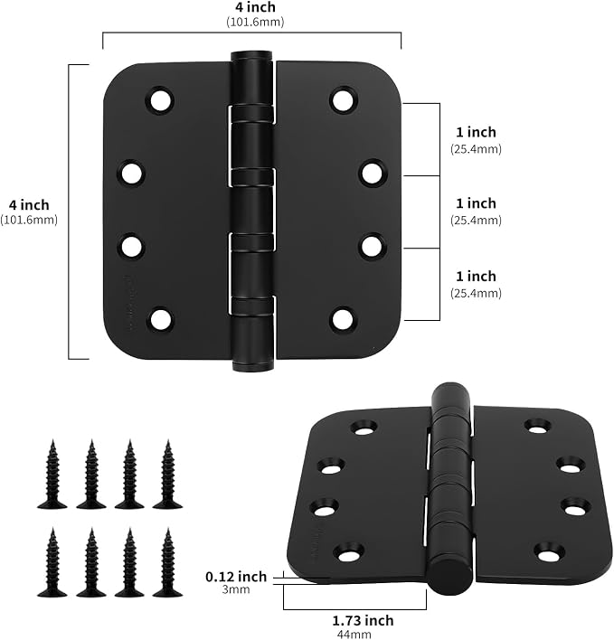 goldenwarm 3 Pack 4'' Black Ball Bearing Door Hinges – Heavy Duty Stainless Steel Hinges for Interior & Exterior Doors, 5/8'' Radius Corners