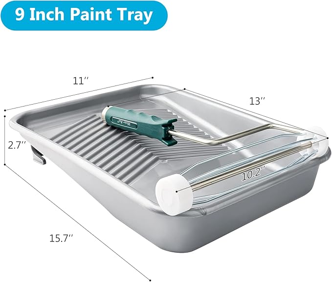 Mister Rui 12 Pack 9 Inch Disposable Paint Tray with Liner and 5 Wire Roller Frame, Plastic Washable and Reusable, Textured Deep Capacity Paint Tray