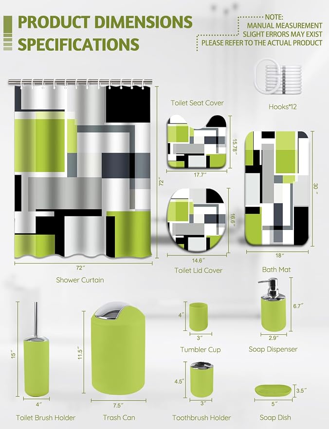 Lnond Green Bathroom Set, 22-Piece Green Black Geometry Bathroom Decor Set with with Shower Curtain and Rugs, Trash Can, Toilet Brush Holder Set & Soap Dispenser