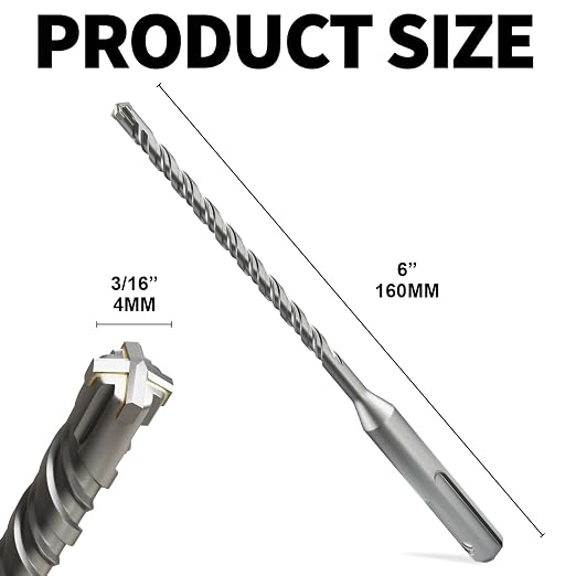 SDS Plus Rotary Hammer Drill Bits, (5/32"*6"-4mm*160mm) -4 Carbide Cutting Edges, Ideal for Masonry| Heavy-Duty Masonry |Hammer Drill Bits for Precision Drilling