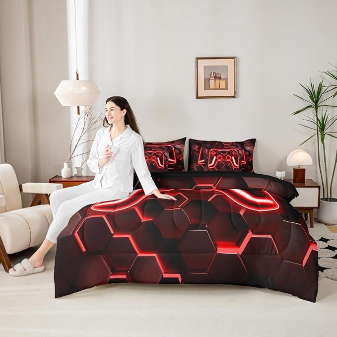 Gaming King Size Comforter Set with Sheets, Neon Honeycomb Gamer 7-Piece Bedding Set Video Game Consoles Bed in a Bag, Red Hexagon Lights Room Decor,Kids Bedroom Decor
