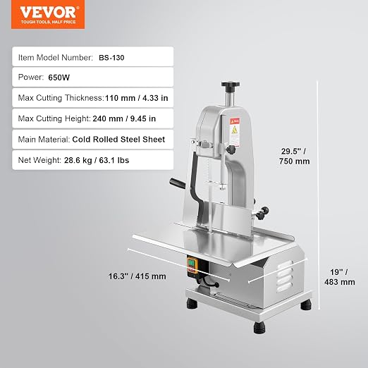 VEVOR Commercial Electric Meat Bandsaw, 650W Stainless Steel Countertop Bone Sawing Machine, Workbeach 12.4" x 18.1", 4.33 Inch Max Cutting Thickness, Frozen Meat Cutter for Rib Pork Beef
