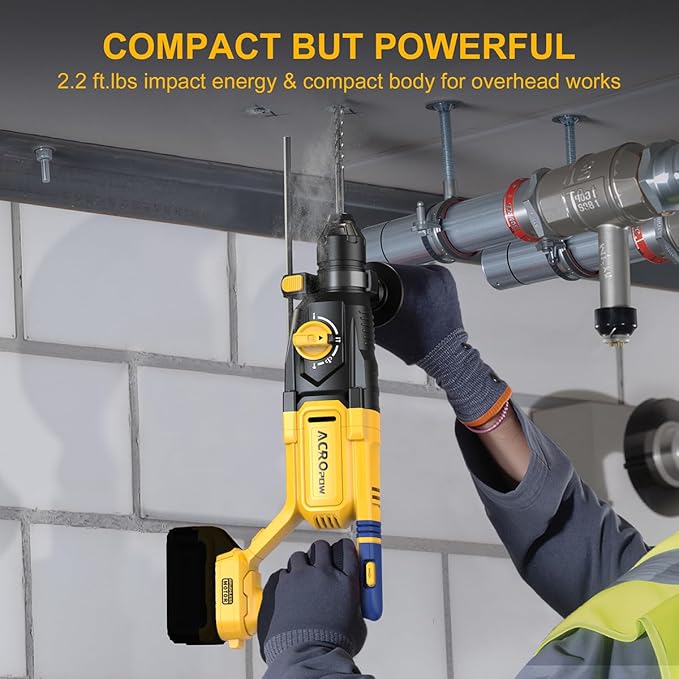 SDS-Plus Cordless Rotary Hammer Drill for Dewalt 20V Battery，Brushless Motor, Safety Clutch, 4 Functions, LED Light with Vibration Control, 5 Drills with Carry Bag(No Battery)