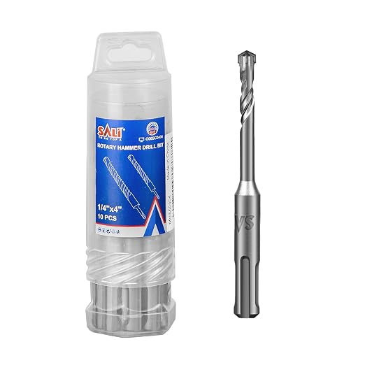 SALI SDS Plus Rotary Hammer Drill Bit 10 Pcs 1/4"*4" Concrete Drill Bit Kit Cross-Type Double Thread Carbide Material Suitable for Brick, Cement Walls, Stone, Hammer Drill Bits