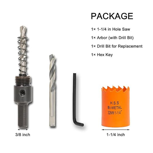 1-1/4 Inch Hole Saw with Arbor for Wood Metal Plastic, 1.25 in Bimetal Hole Cutter, Fast Chip Removal, Smooth Flat Drilling Edge