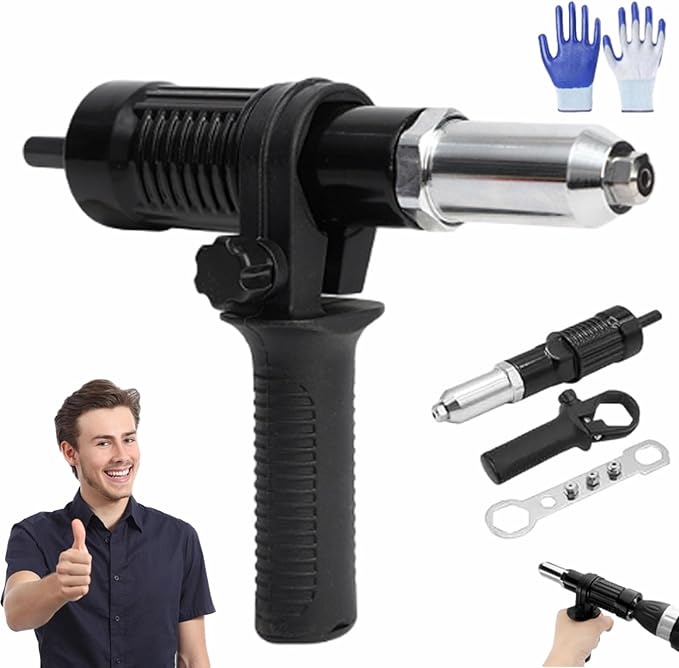 Professional Electric Rivet Gun Adapter Kit, Rivet Gun Adapter with Removable Plastic Handle, Alloy Steel Riveting Tool Attachment for Cordless Drill for Metal & Aluminum Work (1set)