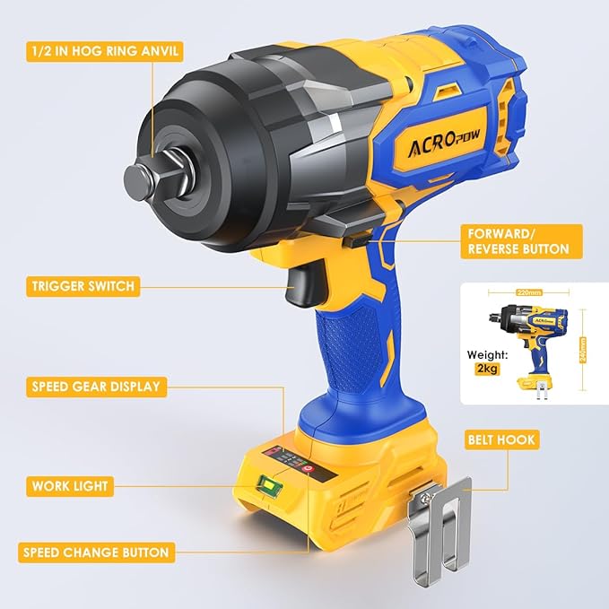 Cordless Impact Wrench Compatible with DEWALT 20V MAX Battery， 1/2” 1700FT-LBS Brushless High Torque Impact Driver, Auto-Stop Reverse, Variable Speed Heavy Duty Impact Gun(Bare Tool)