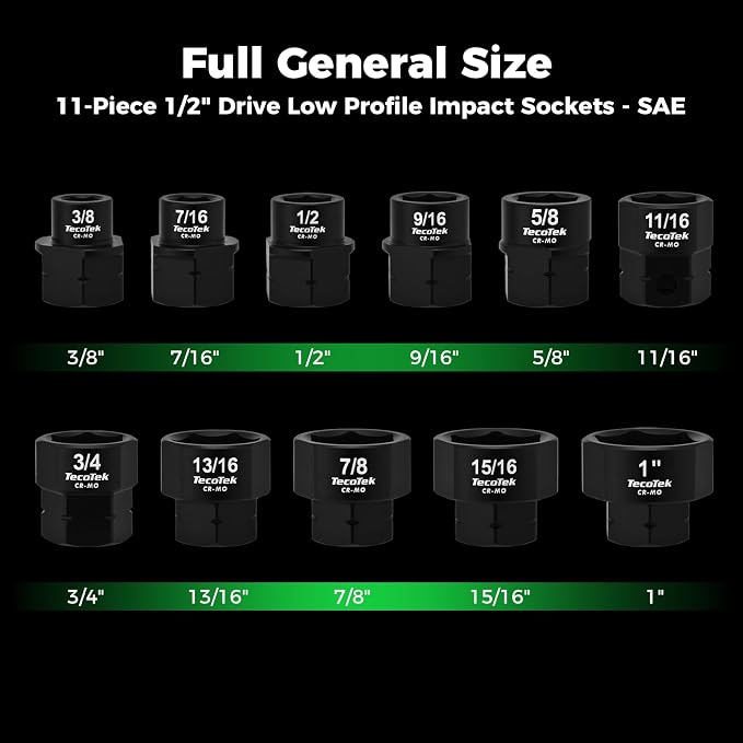 TecoTek 11Pc 1/2" Drive Low Profile Nano Impact Sockets - SAE