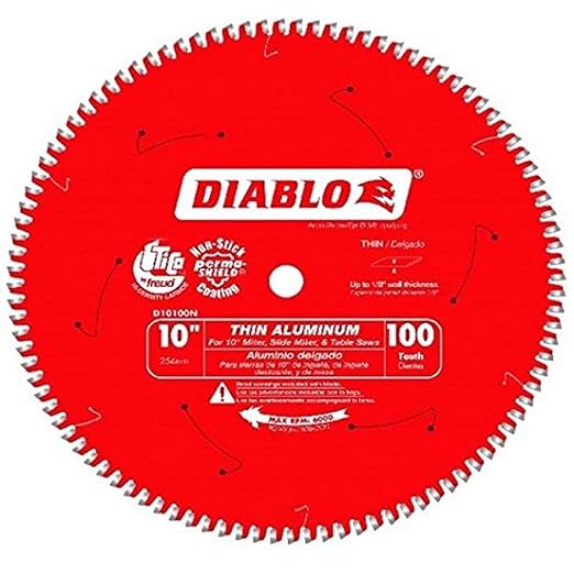 Diablo Saw Blade for Thin Aluminum Cutting - 10" Diameter, 100 TCG Teeth, 5/8" Arbor, .091" Kerf, -5° Hook Angle, .071" Plate, 6000 Max RPM - D10100N
