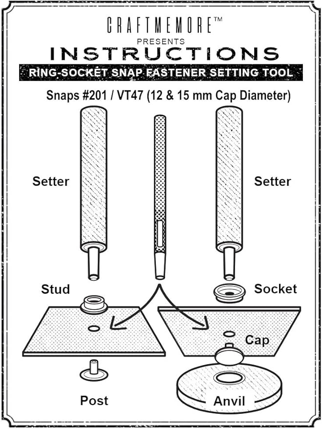 CRAFTMEMORE Snap Setter Fastener Kit Button Fixing Tool Ring-Socket Popper Setting Tool with 10 Silver Snaps #201 VT47 (12mm (0.47"))