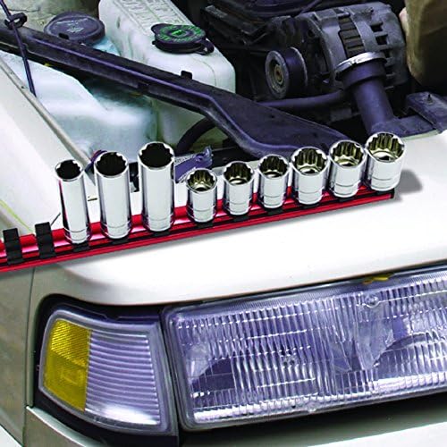 Performance Tool W38003 3/8 in. Drive Magnetic Socket Rail Organizer | Holds up to 17 sockets. Rare earth magnets hold to ferrous surfaces. Spring-loaded clips. EVA foam backing