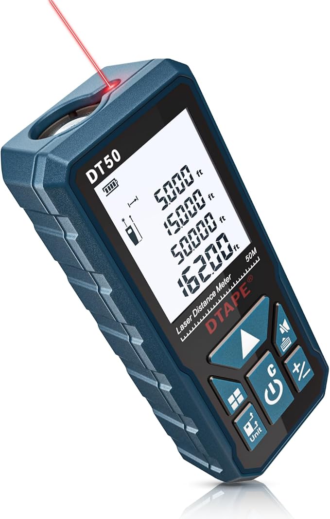 Laser Measure, DTAPE Digital Laser Distance Meter, Upgraded High-Accuracy Laser Measuring Tool, Electronic Tape Measure, 2" Backlit LCD Display, Area/Volume/Indirect Measurement, in/Ft/Ft+in/M