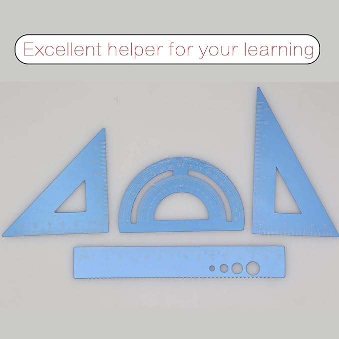 4 Pack Blue Metal Math Geometry Tools Aluminum Alloy Straightedge Triangle Ruler Protractor, Steel Graphic Design Tools Drafting Tool for Student Teacher Metric Drawing and Drafting