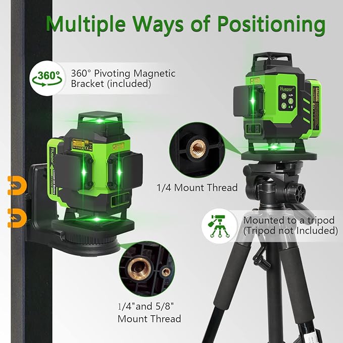 Huepar 4x360 Laser Level Self-leveling 16 Lines Green Beam 4D Cross Line Tiling Floor Tool with Laser Receiver-Horizontal & Vertical Laser Lines with Two Li-ion Batteries and Hard Case-LS04CG & LR-6RG