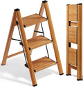 SOLADDER 3 Step Ladder, Folding Aluminum 3 Step Stool with Anti-Slip Wide Sturdy Pedal, Multi-Use for Home and Kitchen Use, Space Saving-Woodgrain(300 lbs Capacity)