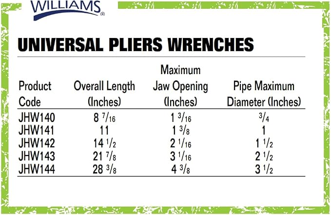 Williams JHW141 Universal Pipe Wrench, 11" Overall Length with a Maximum Jaw Opening of 1-3/8"