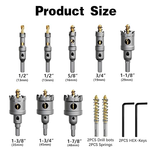 10 PCS (1/2" to 1-7/8") Carbide Hole Saw Kit for Metal - Heavy Duty TCT Hole Cutter Drill Bits Set with Titanium Pilot & L-Wrench, for Stainless Steel,Iron,Aluminum, Metal