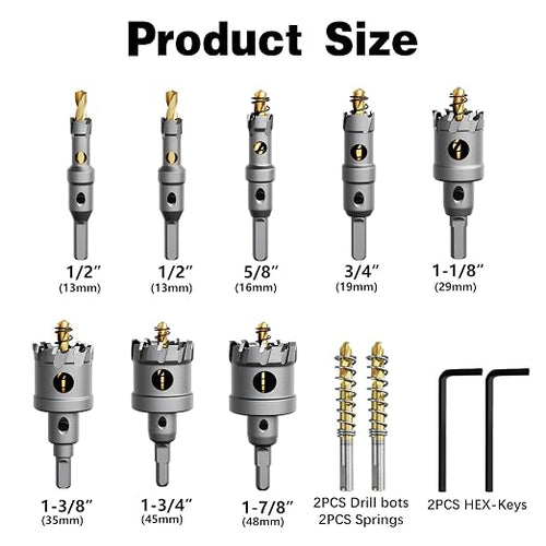 10 PCS (1/2" to 1-7/8") Carbide Hole Saw Kit for Metal - Heavy Duty TCT Hole Cutter Drill Bits Set with Titanium Pilot & L-Wrench, for Stainless Steel,Iron,Aluminum, Metal