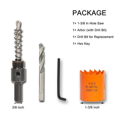 1-3/8 Inch Hole Saw with Arbor for Wood Metal Plastic, 1.375 in Bimetal Hole Cutter, Fast Chip Removal, Smooth Flat Drilling Edge