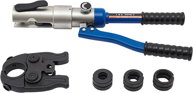 Pipe Crimper Copper Pipe Press Crimping Tool Kit 360° Rotatable Crimp Head Hydraulic Copper Tube Crimping Tool for Copper Tees Elbows Straight Pipes with 3 Molds (1/2", 3/4", 1") (Blue)