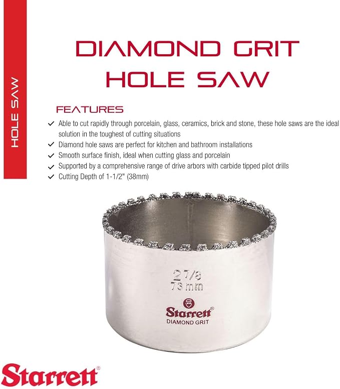 Starrett Diamond Grit Hole Saw 2-7/8" Dia, 1-1/2" Cutting Depth | Ideal For Drilling Small Diameter Holes, For Non-Metallic Materials, KD0278-N