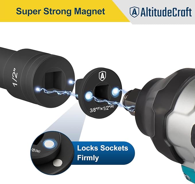 Low Profile Impact Socket Adapter Set for Tight Spaces | Four Drive Conversions Keep the Ratchet Close to the Fastener: 1/4″ to 3/8″, 3/8″ to 1/2″, 1/2″ to 3/4″, 3/4″ to 1″