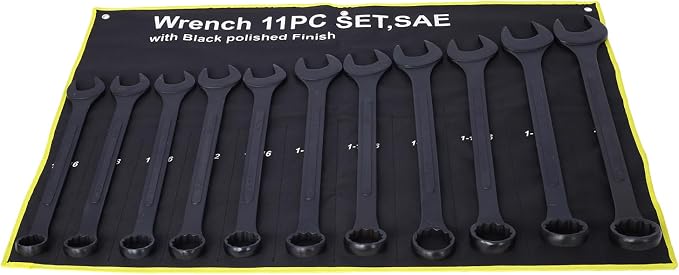 11PC Jumbo Combination Wrench Set, SAE, 1-5/16'' to 2 inch, Extra Large Combination Wrench Sets, Black Oxide Finish with Pouch (11PC-SAE)
