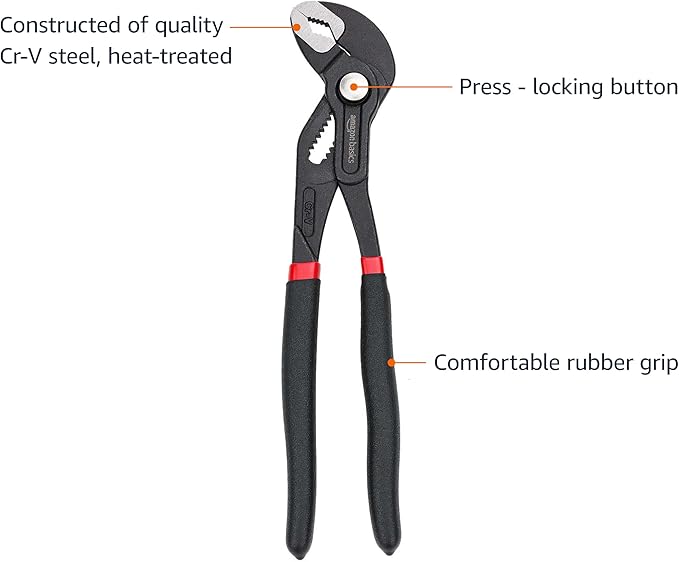 Amazon Basics 3-Piece Quick Release Groove Joint Pliers Set, Drop Forged Chrome Vanadium Steel with Comfortable Rubber Grip, Adjustable, 7-inch, 10-inch, and 12-inch, Black