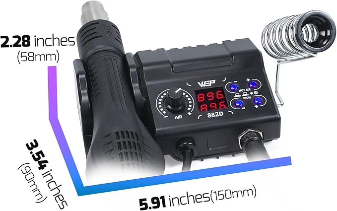WEP 882D Soldering Iron Station 2-IN-1 SMD Hot Air Rework Station with 2 Spools of Solder Wire, 5 Soldering Tips, 3 Hot Air Nozzles, Brass Wool Tip Cleaner, Tweezers, Desoldering pump
