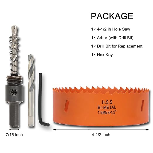 4.5 inch Hole Saw with Arbor for Metal Wood Plastic, 4-1/2 in Bimetal Hole Cutter for Different Project with Smooth and Flat Drilling Edge, Fast Chip Removal