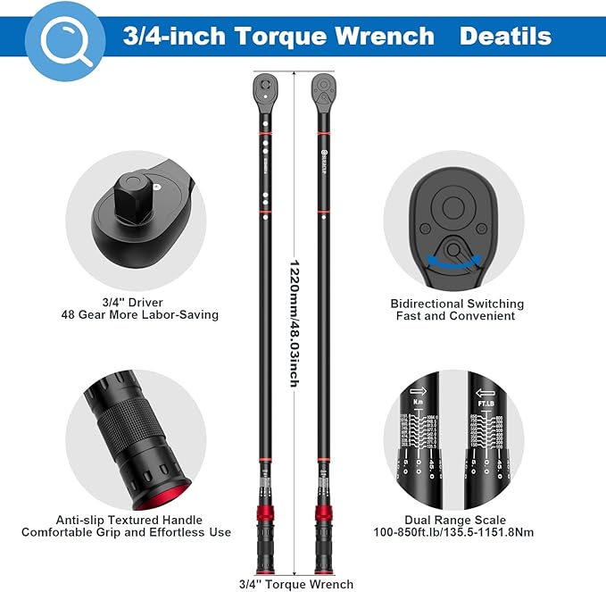 SUERCUP 3/4-inch Drive Click Torque Wrench, 100-850ft.lb/135.5-1151.8Nm Adjustable 48 Tooth Drive Click Torque Wrench with Buckle for Car, Truck Maintenance and Product Assembly