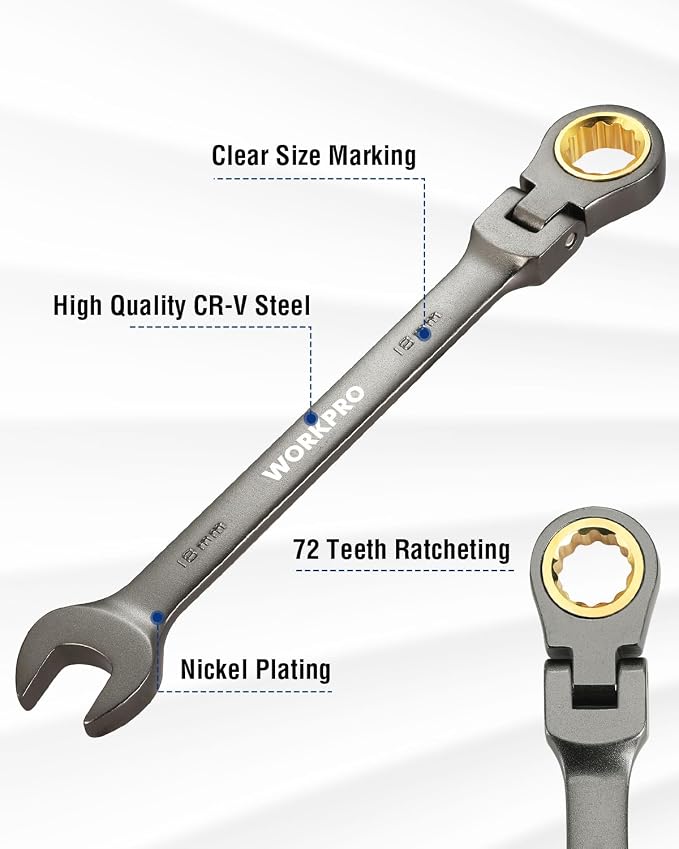 WORKPRO 18 mm Flex-Head Ratcheting Combination Wrench, Nickel Plating | Cr-V Constructed, 72-Teeth, 12 Point Design, Metric, For Home Improvement, Auto Repairs, Plumbing, Constructions, Machinery