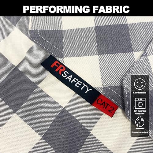 FR Shirts for Men 7oz Fire Resistant Shirts CAT2 Welding Shirt 101% Cotton Flame Resistant Shirt Grey/Plaid(4X-Large)