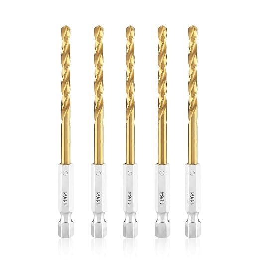 amoolo 11/64 Twist Drill Bit Set, 5Pcs Titanium HSS Hex Shank Impact Drill Bit Set for Metal, Steel, Wood, Plastic, Quick Change Design