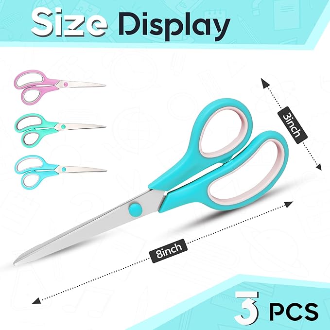 Scissors 8.5 Inch scissors all purpose for Office, Home, Sewing,and Crafts,Soft Comfort-Grip Right/Left Hand 3-Pack, Multicolor