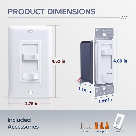 ECOELER Slide Dimmer Light Switch, Single-Pole or 3 Way Full Range Dimming Wall Switches for 300W LED/CFL, 600W Halogen/Incandescent, Wall Plate Included, ETL Listed, White, 4 Pack