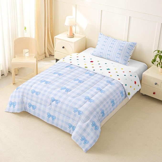 Feelyou Blue Grid Bowknot Bedding Set Soft for Boys Girls, Bow Checkered Comforter Set Twin Size Princess Duvet Quilt Microfiber Bedroom Decor 2 Pcs with 1 Pillow Cases