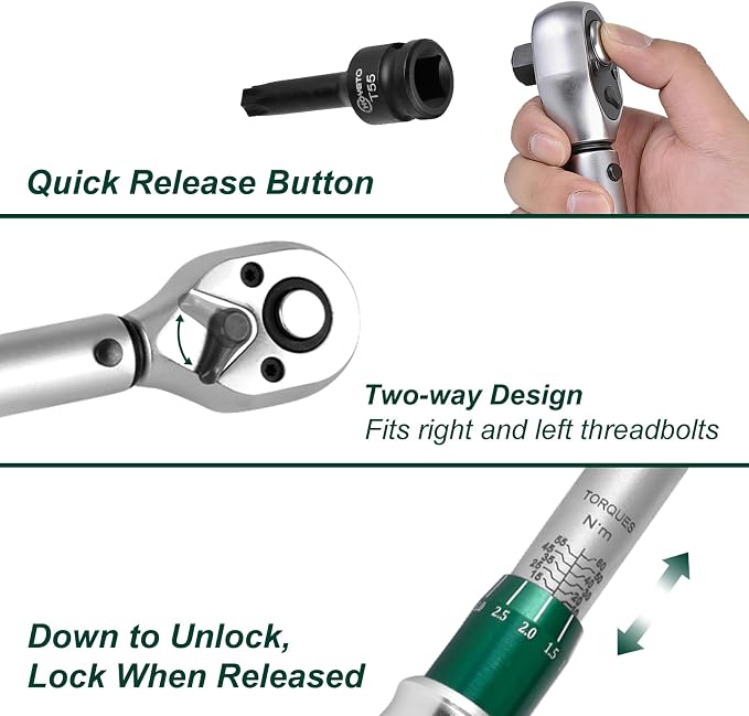 3/8" Drive 7Pcs Click Torque Wrench Set, 7.38-44.25 ft.lb / 10-60 Nm | ±3% High Precision 72-Tooth Reversible Cr-V Tool for Auto, Motorcycle & Bicycle Repair with Storage Case